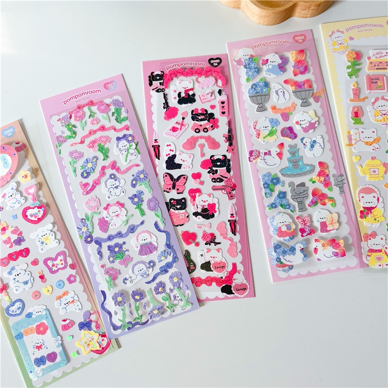 Hình dán sticker pompomroom cún mèo hoa laser decor toploader