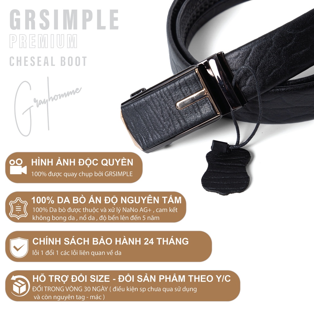 Dây Thắt Lưng Nam Da Bò 100% Tặng Full Hộp Cao Cấp Bảo Hành 24 Tháng, Khóa Tự Động Tăng giảm GRAYHOMME ( GRSIMPLE-003 )