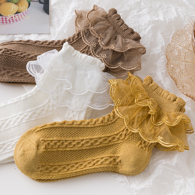Tất Cotton Dày Dặn Phối Ren Màu Đen Phong Cách Công Chúa Cho Bé Gái