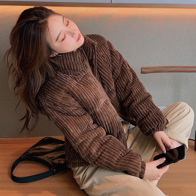 IELGY IELGY Áo Khoác cotton Nhung Kẻ Dáng Rộng Phong Cách Hàn Quốc Dành Cho Nữ