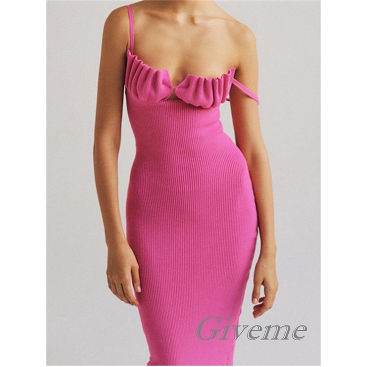 Đầm Midi Không Tay Hở Vai Màu Trơn Thời Trang Xuân Hè Cho Nữ