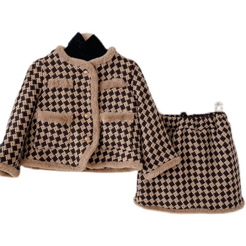 Bộ Áo Khoác + Chân Váy Họa Tiết Kẻ Sọc Phong Cách Hàn Quốc Thời Trang Mùa Đông Xinh Xắn Cho Bé Gái