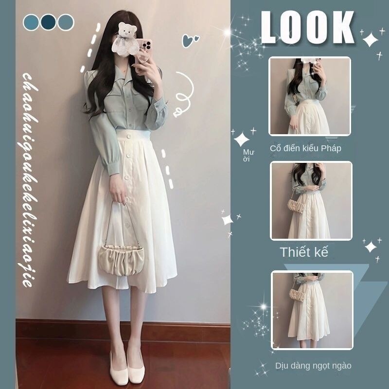 Set Áo Sơ Mi Phối Chân Váy Phong Cách Hồng Kông Thời Trang Xuân Thu 2023