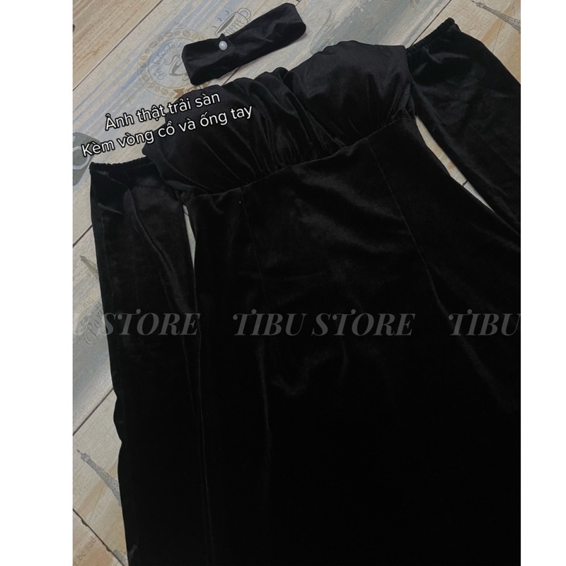 Đầm body hở vai tay dài TIBU, Set Váy Nữ Chất Nhung Cao Cấp Tôn Dáng Gợi Cảm Phối Cổ Sexy | BigBuy360 - bigbuy360.vn