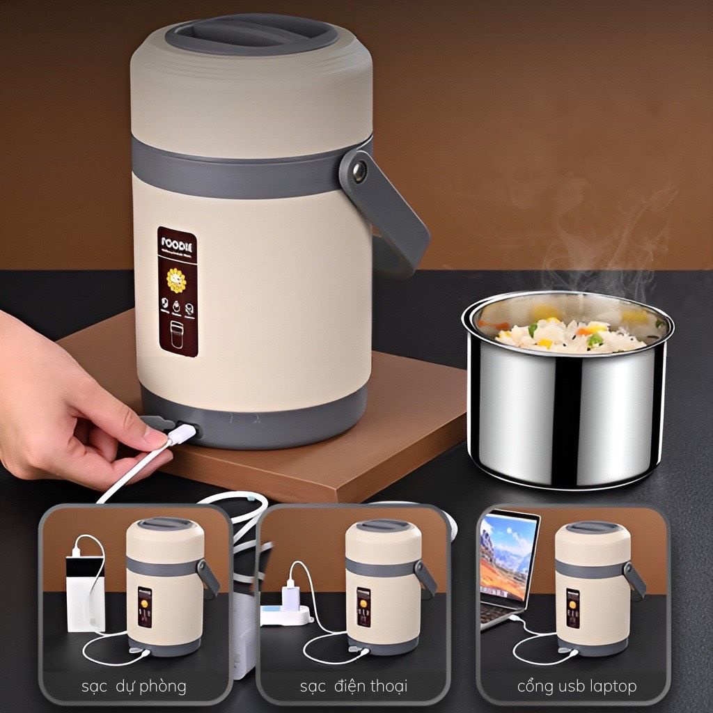 Hộp cơm văn phòng 3 tầng cắm sạc usb giữ nóng 24h, cặp lồng cơm giữ nhiệt lõi inox dung tích 1.6L-2L