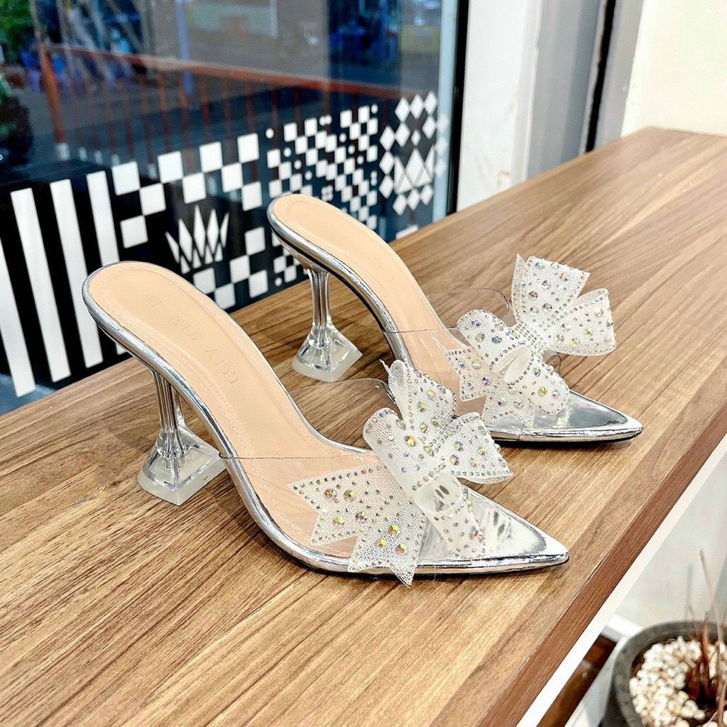 Giày nữ minhtuyetshoes gót cao 9cm mũi nhọn đính đá xoàn mẫu mới bền đẹp mang đi tiệc