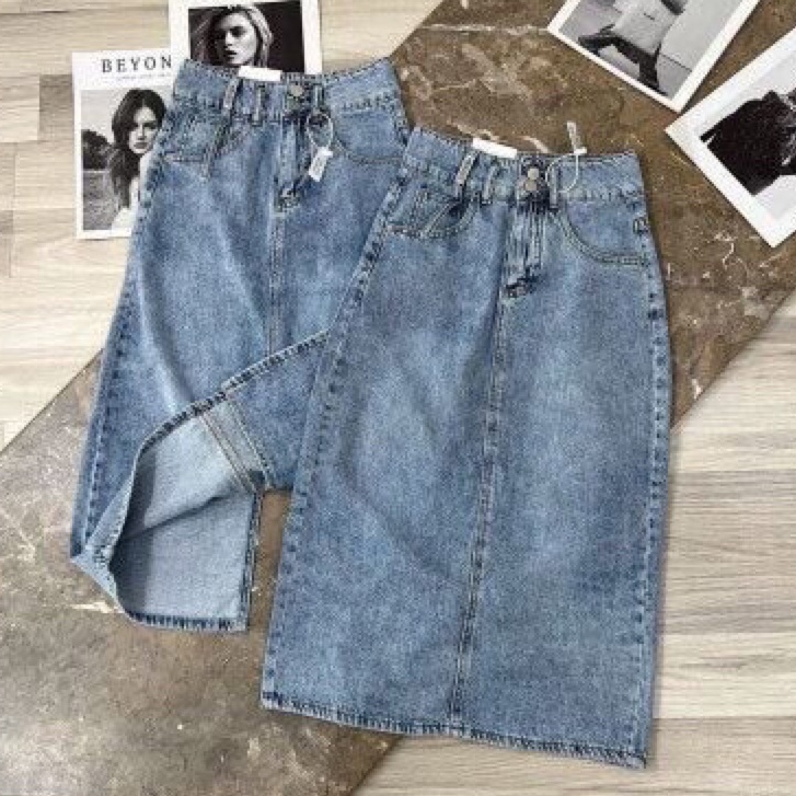 Chân váy jeans dáng dài cạp cao xẻ tà phong cách ullzang, Chân váy dài midi 2 cúc form đứng siêu xinh
