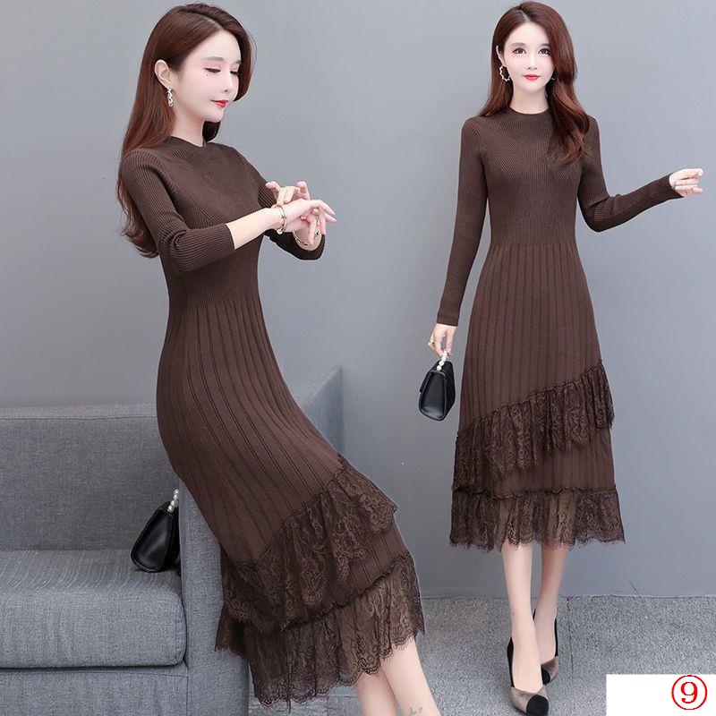 Đầm Sweater Dệt Kim Phối Ren Dáng Dài Phong Cách Phương Tây Thời Trang Thu Đông Mới Cho Nữ