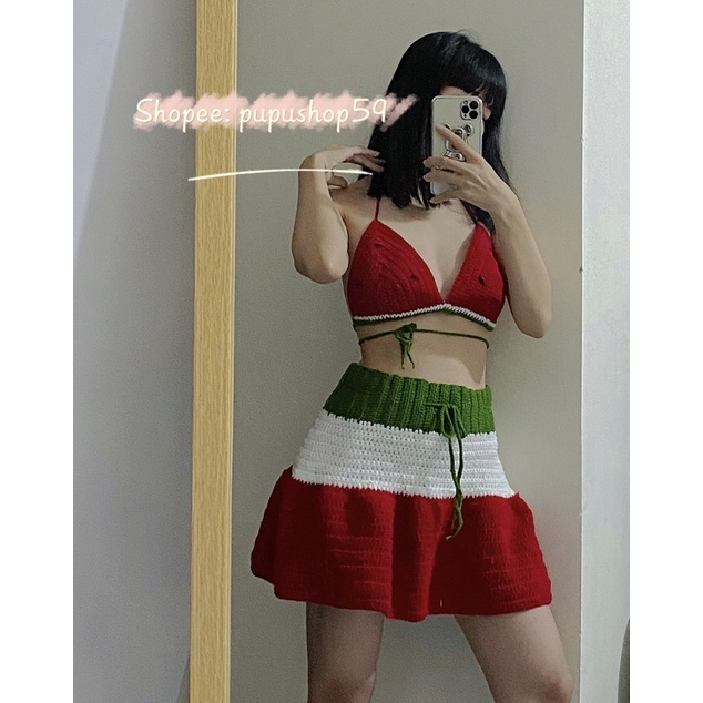 Set Dưa Hấu- Áo dây và chân váy dưa hấu len móc thủ công HandMade