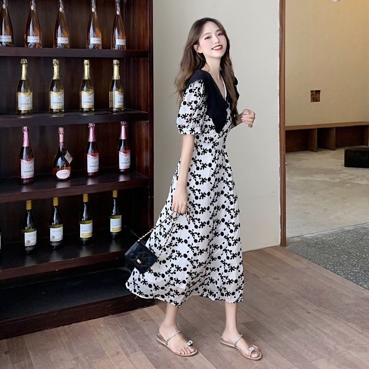 Đầm Hoa Tay Phồng Cổ Peter Pan Cỡ Lớn Thời Trang Mùa Hè 2022 Mới Phong Cách Hepburn Cổ Điển Dành Cho Bạn Nữ