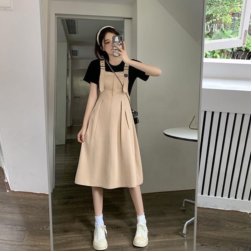 Đầm kiểu yếm thun đen phối kem big size lớn 65-100kg