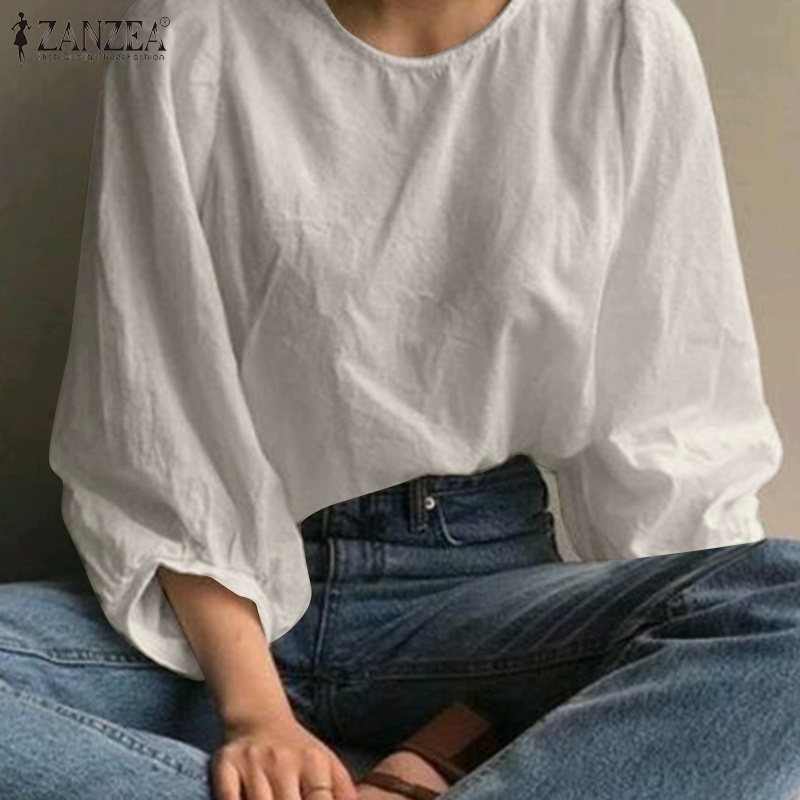 Áo kiểu ZANZEA tay 3/ 4 chất liệu cotton cổ tròn thời trang Hàn Quốc dành cho nữ