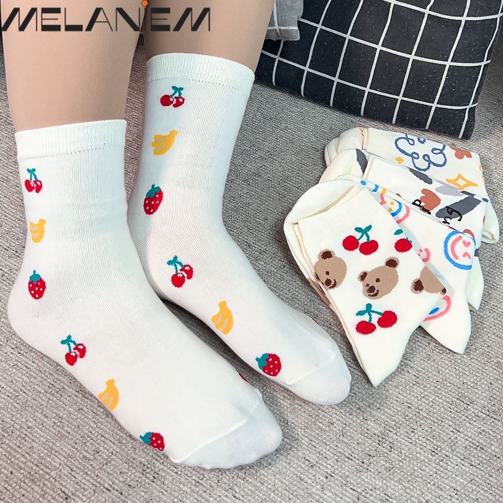 1 Đôi Vớ Cotton Mềm Cổ Vừa Thoáng Khí Thoải Mái In Họa Tiết Trái Cây / Mặt Cười / Gấu Dễ Thương
