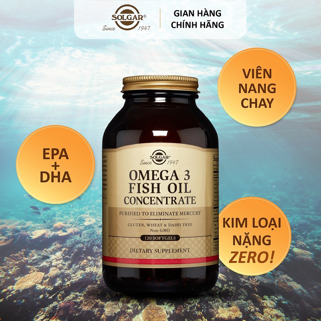 Viên Uống Solgar Fish Oil Concentrate - Dầu Cá Omega 3 - Bổ Não, Sáng Mắt, Tăng Cường Trí Nhớ, Hỗ Trợ Tim Mạch 120 Viên