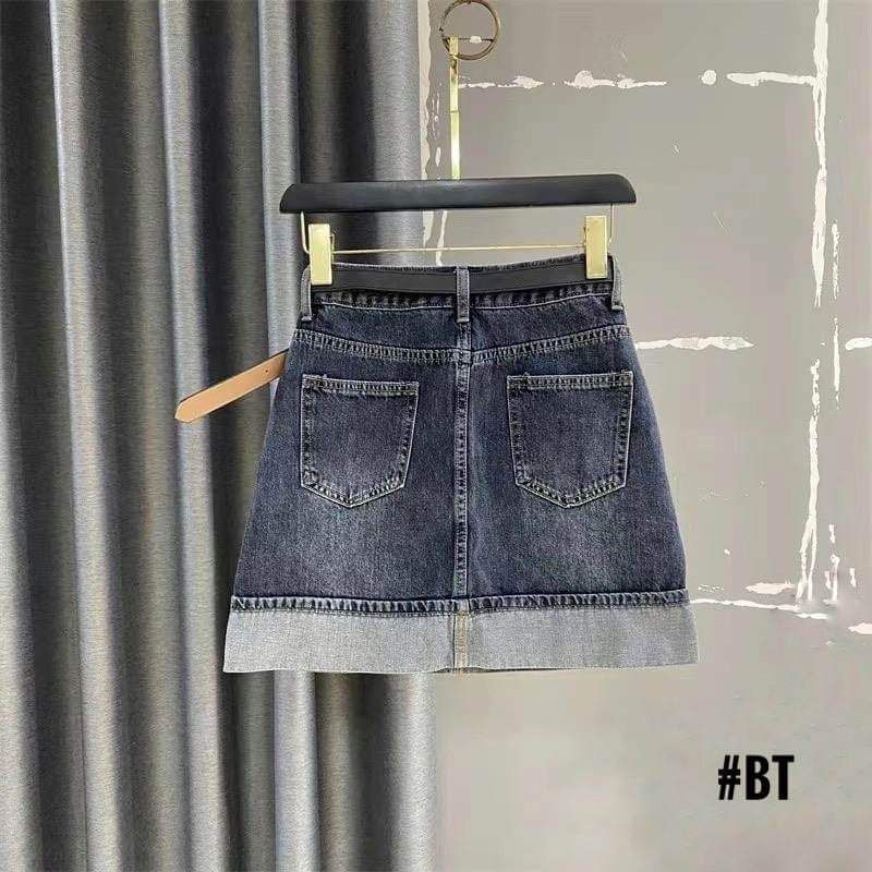 Chân váy jeans gập gấu kèm đai hàng QCL1