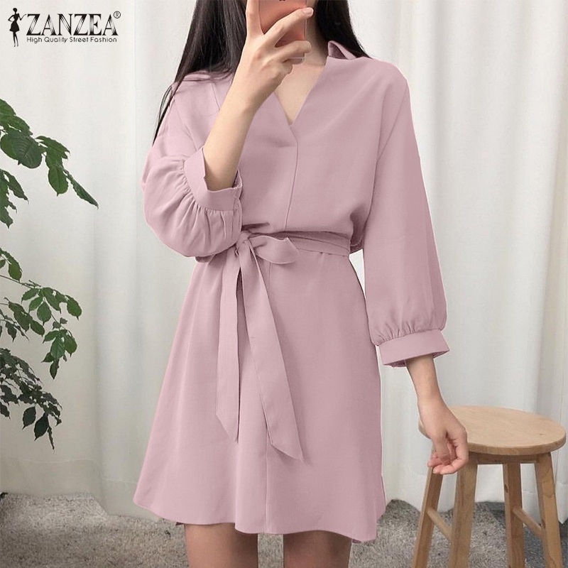 Đầm ZANZEA ngắn cổ chữ V có dây thắt lưng thời trang cho nữ zanzea