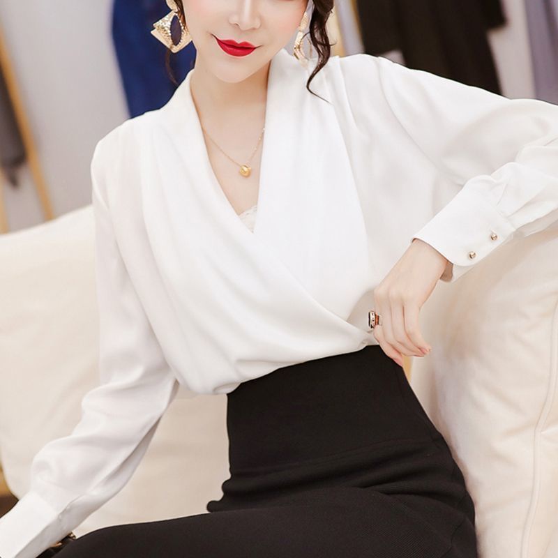 Áo Sơ Mi chiffon satin Cổ Chữ v Đắp Chéo Thiết Kế Mới Chất Lượng Cao Cho Nữ