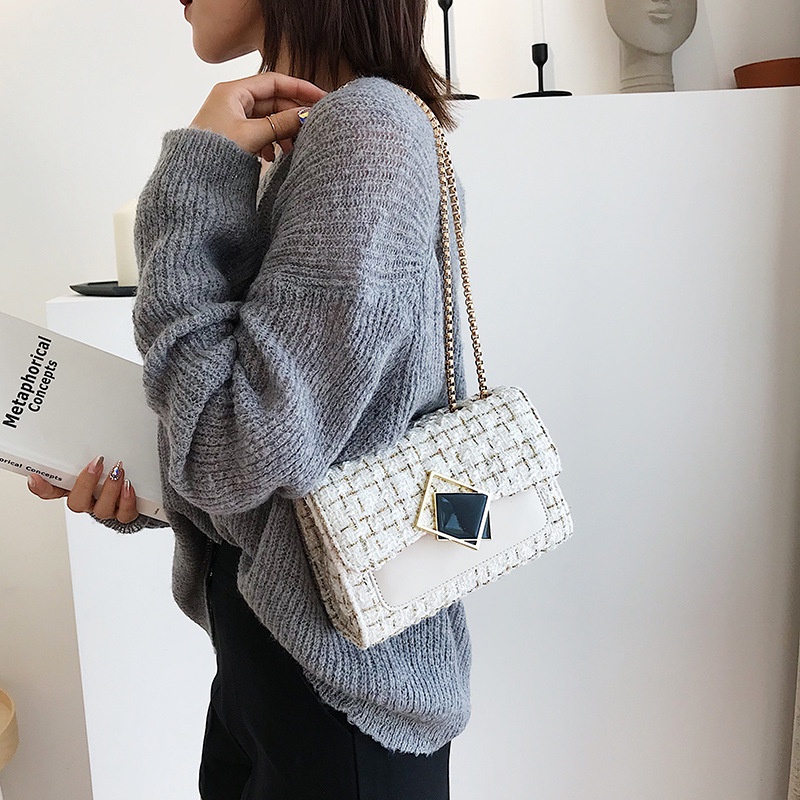 Túi Đeo Vai Bằng Len Phối Dây Xích Phong Cách Hàn Quốc Thời Trang Dành Cho Nữ