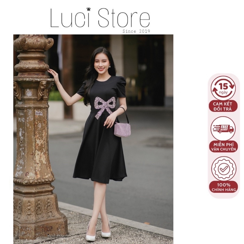 (Có size lớn - Hình thật) Đầm thun cổ tròn tay phồng dáng xoè kết cườm nơ eo cực sang trọng và quí phái 2578