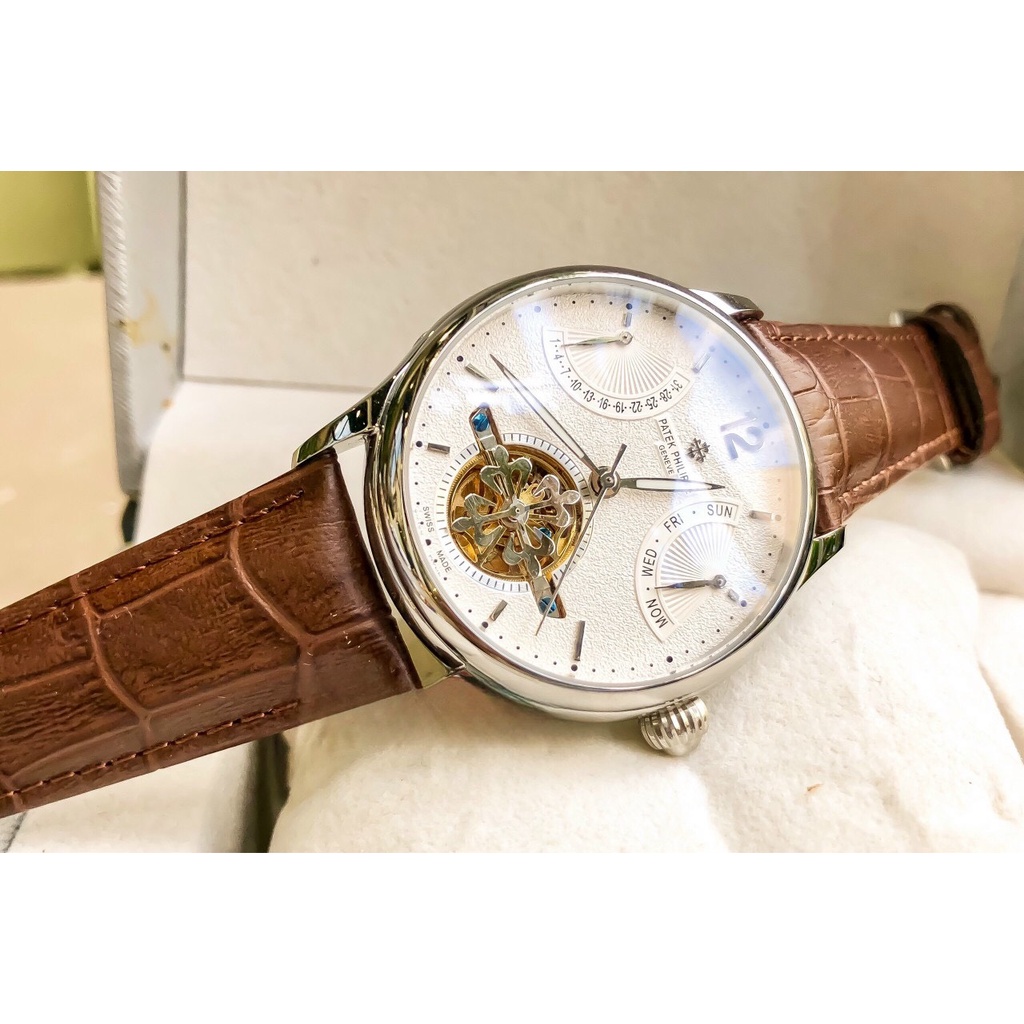 Đồng hồ Nam Patex 6kim cơ automatic máy nhật vàng có lịch thứ ngày trăng sao dây da
