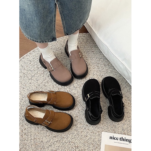 Giày sục lười da lộn có quai sau đế cao lót lông ấm áp Yannie Lolita