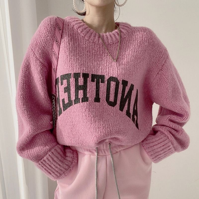 Áo Sweater Dệt Kim Tay Dài Dáng Rộng In Chữ Màu Sắc Ngọt Ngào Phong Cách Hàn Quốc Cho Nữ