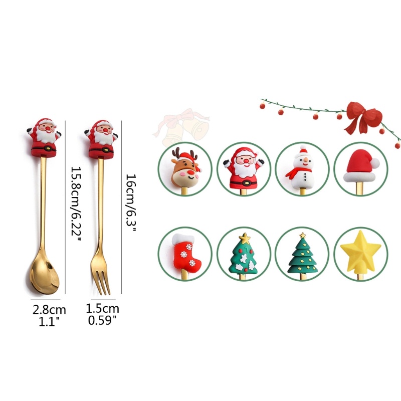 Bộ 4 Muỗng Cà Phê / Nĩa Ăn Tráng Miệng Cỡ Nhỏ Họa Tiết Giáng Sinh Dễ Thương
