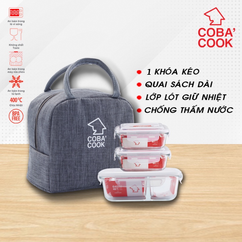 Bộ Hộp Chia 2 Ngăn Và 2 Hộp 370ml Hộp Thủy Tinh Chịu Nhiệt COBACOOK Kèm Túi Giữ Nhiệt- CCL6NL33BB