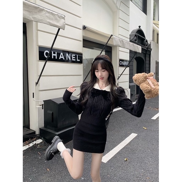 Set Len Dày Dặn Cổ Bèo Kèm Nơ Tay Dài + Chân Váy Ôm Body Tôn Dáng, Trang Phục Len Dệt Kim Siêu Ấm Áp Cao Cấp Cho Nữ