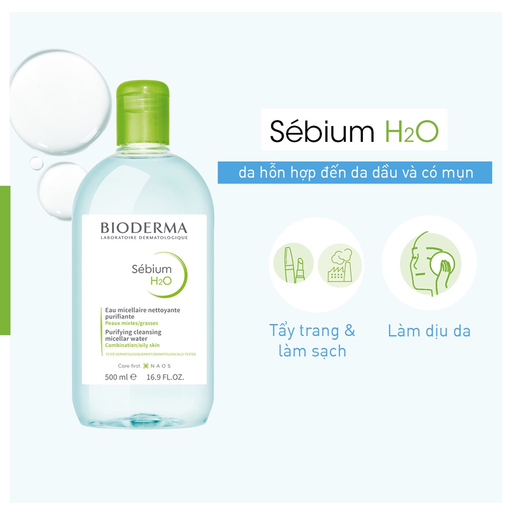 Dung dịch làm sạch và tẩy trang dạng hạt mixen Bioderma Sébium H2O Dành Cho Da Hỗn Hợp Đến Da Dầu (500ml)