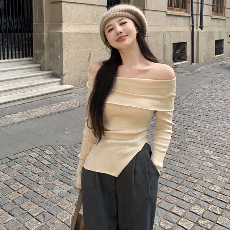 Áo Thun Dệt Kim Trễ Vai Xẻ Tà Dáng Ôm Thời Trang Cho Nữ