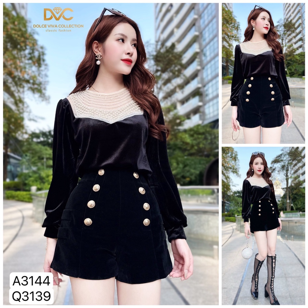 ÁO NHUNG ĐEN DÀI TAY NGỰC ĐÍNH NGỌC A3144+QUẦN Q3139-DVC