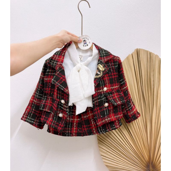 Set dạ xịn cao cấp kèm áo somi nơ tiểu thư bé gái