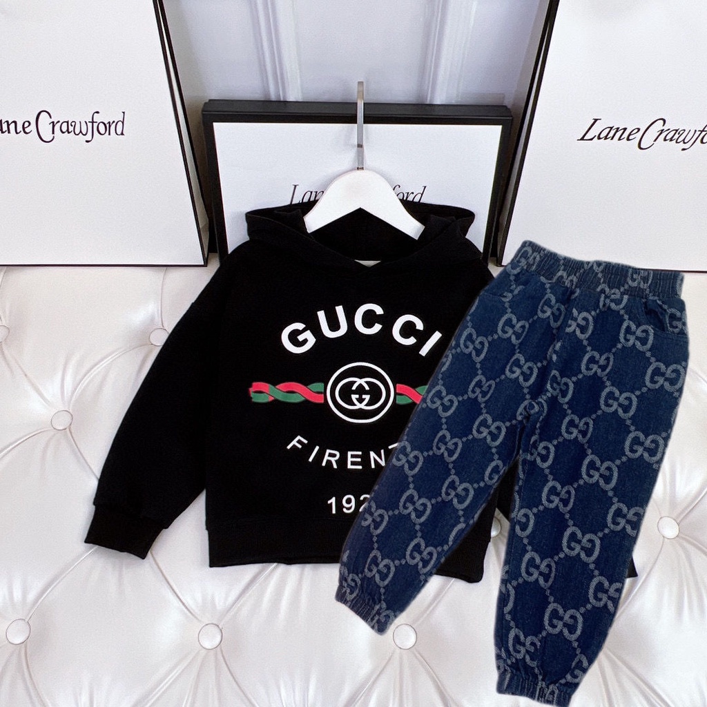 Bộ Áo Hoodie Giả Denim + Quần Dài In Chữ G Gucci Phong Cách Phương Tây Thời Trang Cho Nam Và Nữ