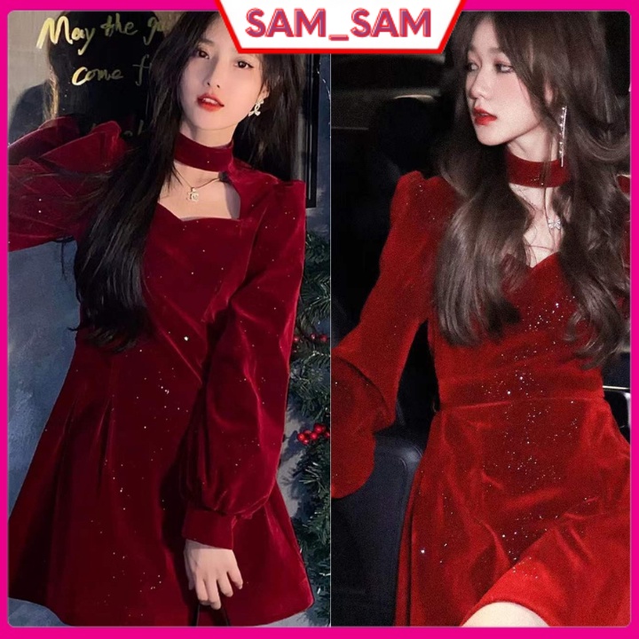 Váy nhung tay bồng phối ren - Đầm đi chơi noel đỏ mận siêu xinh và rất cute sam_sam_shop_1011