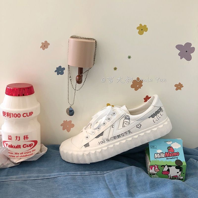 Giày thể thao trắng ulzzang hoạ tiết trà sữa,sữa bò... vải canvas cho nữ
