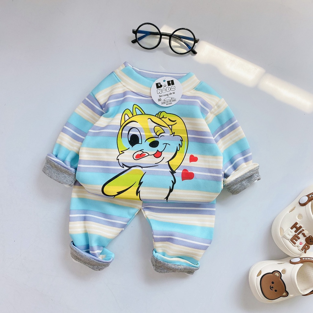 Đồ Bộ cho bé, quần áo nỉ bông dài tay kẻ ngang in hình chuột micky Q001