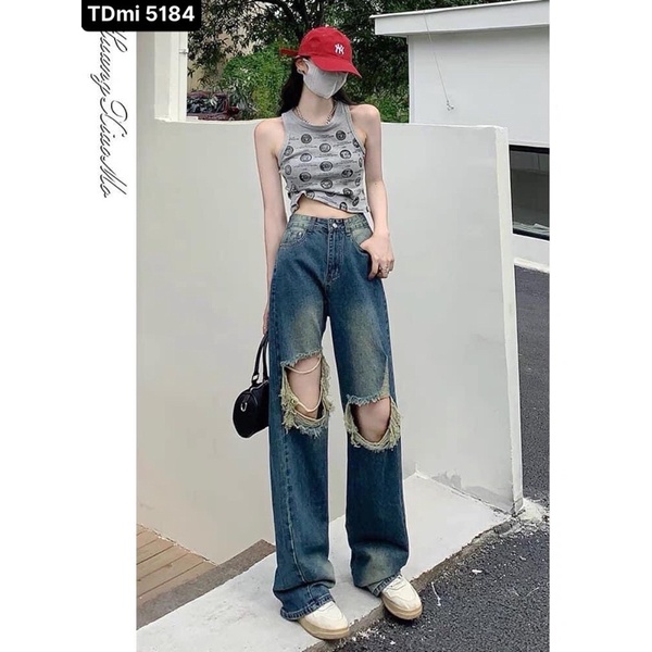 QUẦN JEANS RÁCH ỐNG RỘNG DÁNG DÀI LOANG MÀU