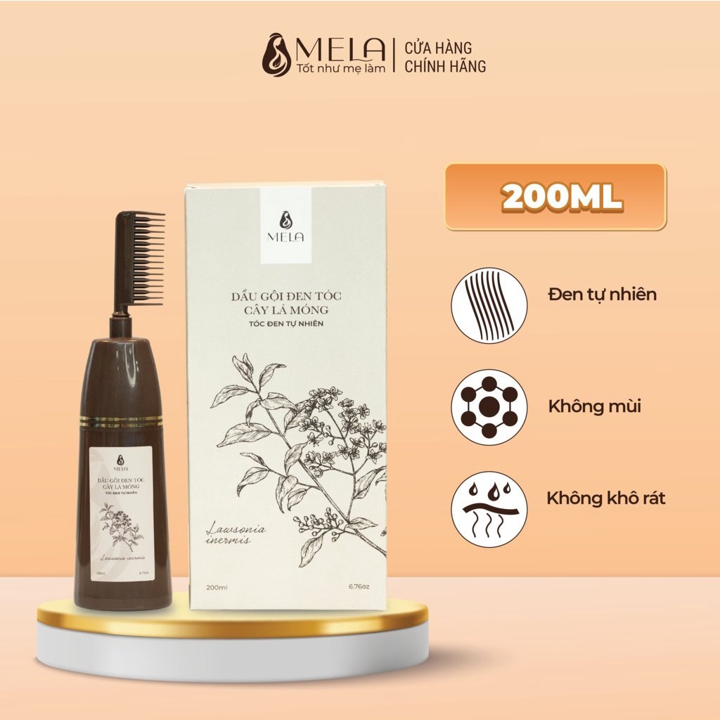 Dầu Gội Phủ Bạc Đen Tóc MELA Chiết Xuất Lá Móng Tự Nhiên Giúp Tóc Đen Óng Mượt Mềm Mại 200ml - ML29