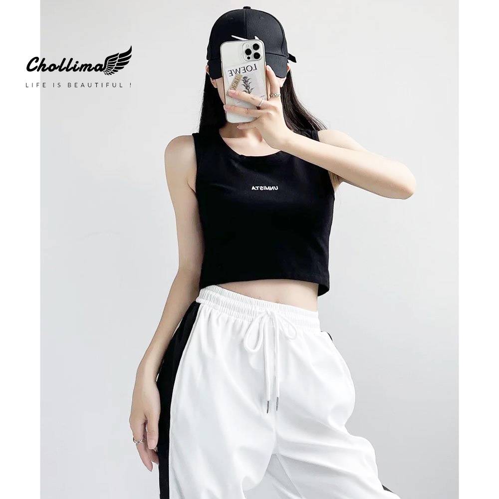 Áo thun croptop ba lỗ Chollima thêu chữ chất vãi dày dặn co giãn 4 chiều AT458