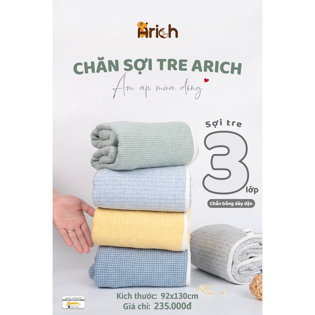 Chăn sợi tre 3 lớp cao cấp Arich, chăn cho bé đi học ,Kích thước 92x130cm