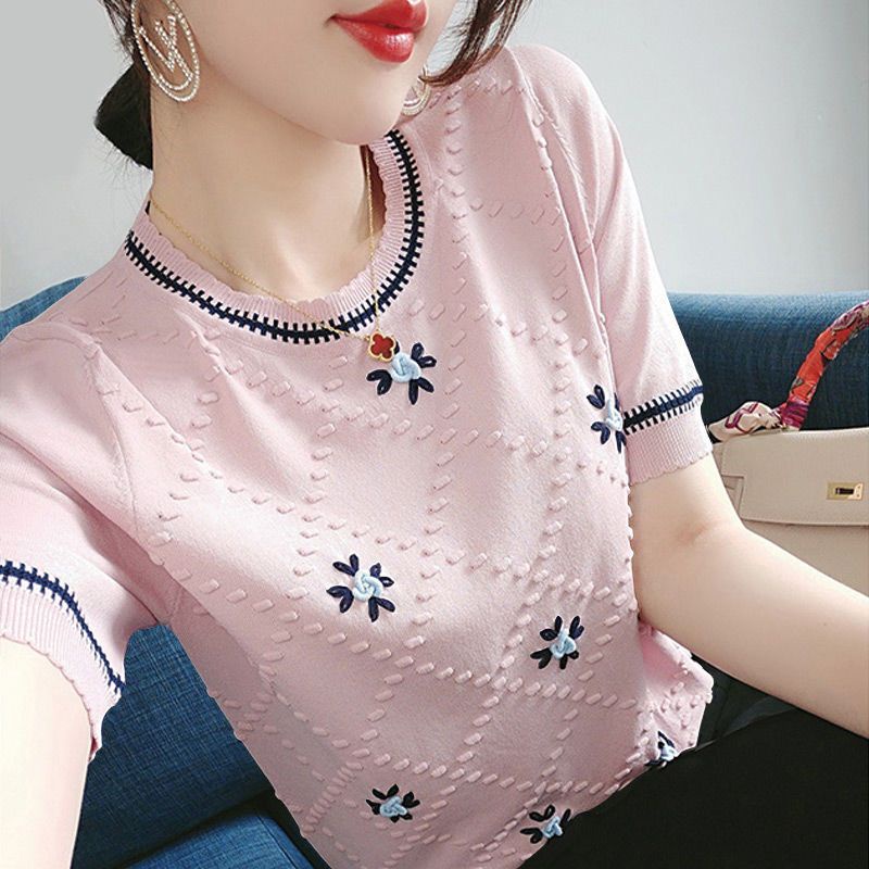 Áo Sweater Cổ Tròn Vải Lụa Lạnh Mỏng Dáng Rộng Thêu Họa Tiết Thời Trang Mùa Hè 2022 Mới Cho Nữ