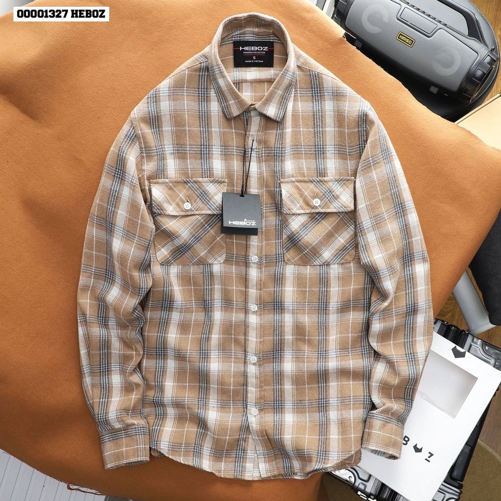 Sơ mi flanel caro 2 túi Heboz 5M - chất dạ mỏng cao cấp mềm mịn, form slimfit - 00001327