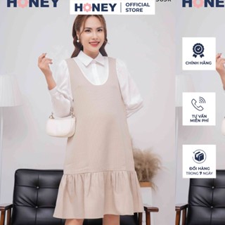Đầm thiết kế kiểu yếm liền phối sơ mi liền tay dài cổ đức dáng suông đuôi cá- Thời trang đầm bầu cao cấp HONEY