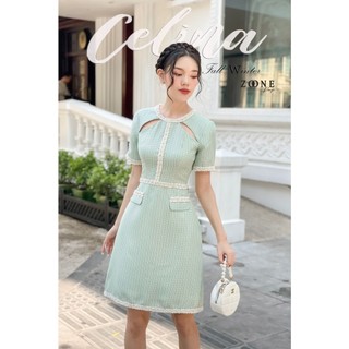váy kẻ xanh phối dây trang trí