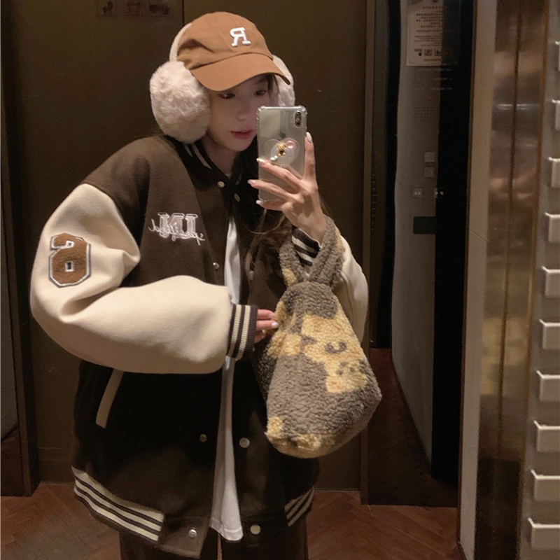 ZHELIHANGFEI Áo Khoác Bóng Chày Tay Dài Form Rộng Theo Phong Cách Retro Kiểu Mỹ Dễ Phối Đồ