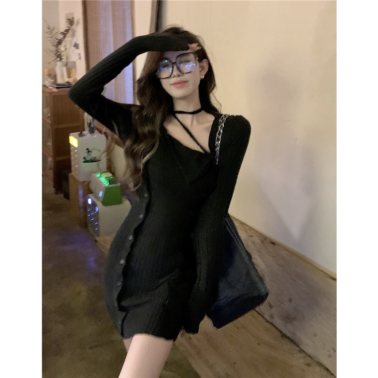 Đầm ZHELIHANGFEI dệt kim dài tay cổ yếm lưng cao phong cách quyến rũ dành cho nữ