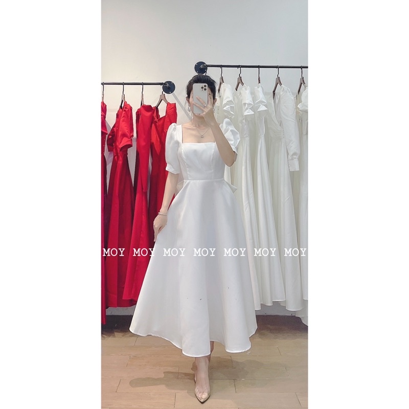 Váy dài xoè phi mờ cổ vuông tay ngắn nơ lưng - Váy thiết kế cao cấp