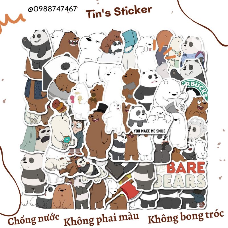 Set combo 50 miếng dán sticker hoạt hình Chúng tôi đơn giản là gấu We Bare Bears chống thấm dán nón mũ bảo hiểm vali sổ