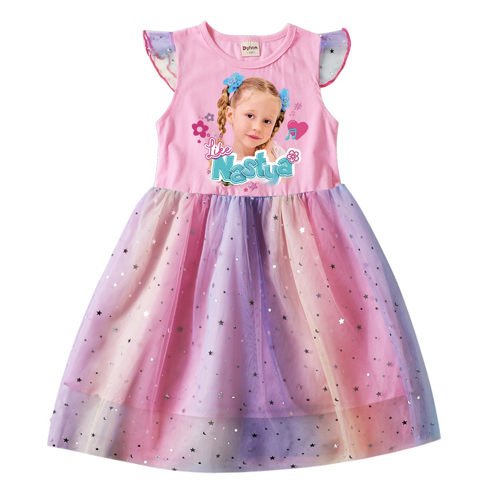 Nastya Đầm Dự Tiệc Vải cotton + cotton Tay Ngắn Đính Kim Sa Cầu Vồng Lấp Lánh Dễ Thương Cho Bé Gái